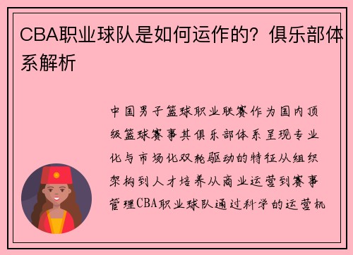 CBA职业球队是如何运作的？俱乐部体系解析
