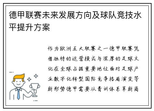 德甲联赛未来发展方向及球队竞技水平提升方案